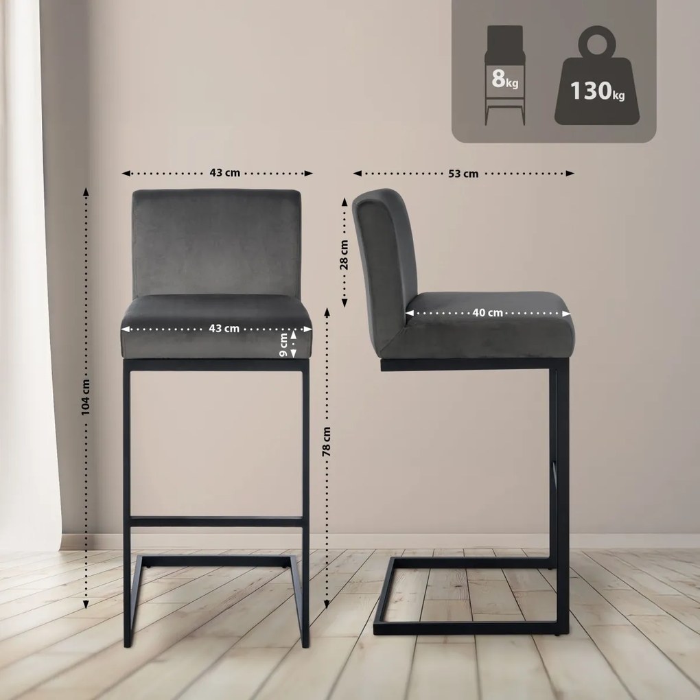 Barová stolička Hopewell B - zamat, čierny rám - šedá
