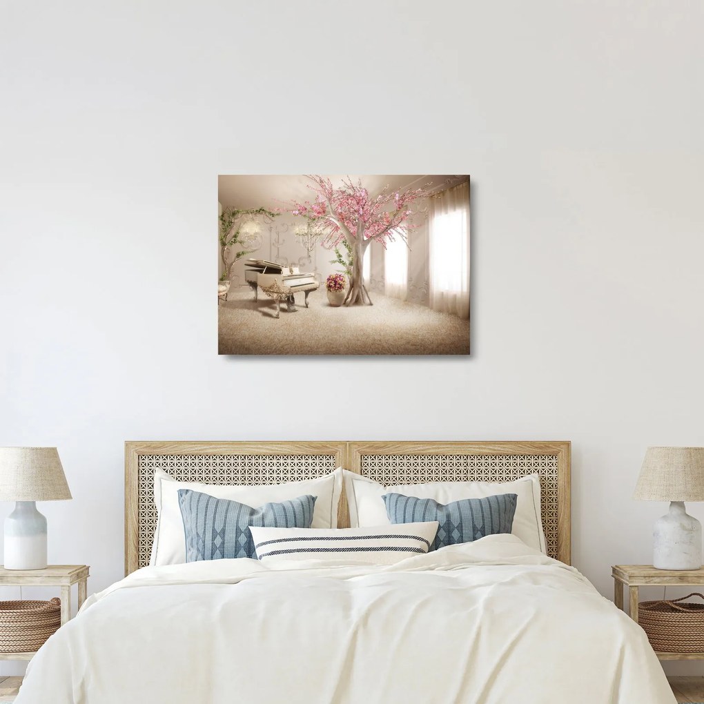 Sklenený obraz - Snový interiér s klavírom (70x50 cm)