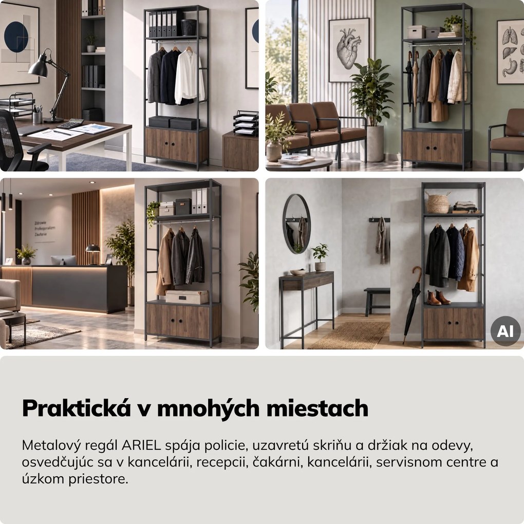 Kancelársky regál otvorený s tyčou na oblečenie, do recepcie a čakárne, kovový, antracitový/orech, 800x2200x400 mm: ARIEL Eco Design