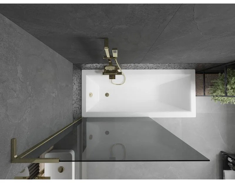 Mexen Next L, 1-krídlová vaňová zástena 100 x 150 cm, 6mm šedé sklo, zlatý lesklý profil, 895-100-000-03-40-50