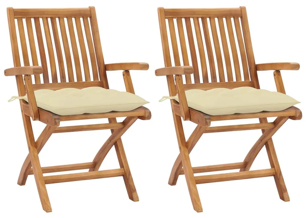 Záhradné stoličky 2 ks, krémovo biele podložky, tíkový masív 3062423