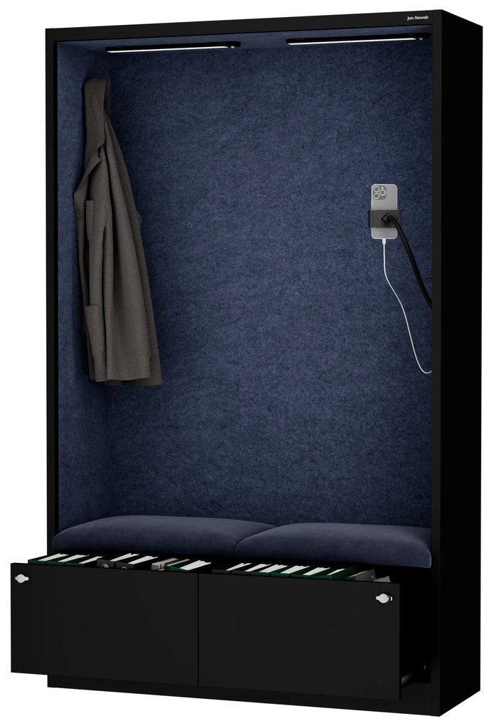 Kancelárska akustická kabína so sedadlom a portom USB-C, telo v čierny / sedák tmavomodrá v zelenej farbe, 1150 mm: SALLY MentalBox