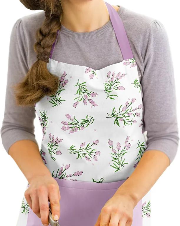Kuchynská zástera SIMONA - vzor trsy levanduľou na bielom s fialovou