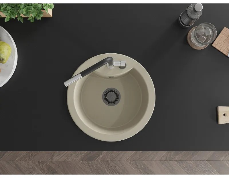Mexen Diego, 1-komorový granitový drez 488x488x167 mm a drezová batéria Flora, béžová, 6512-69-670401-07-B