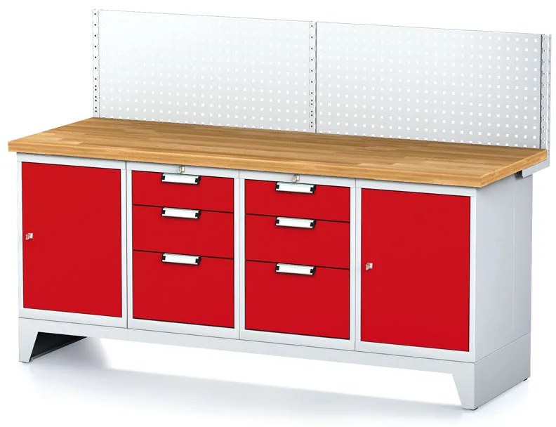 Dielenský stôl MECHANIC I, perforovaný panel, 2 skrinky a 2 zásuvkové boxy na náradie, 6 zásuviek, 2000x685x880 mm, červené dvere