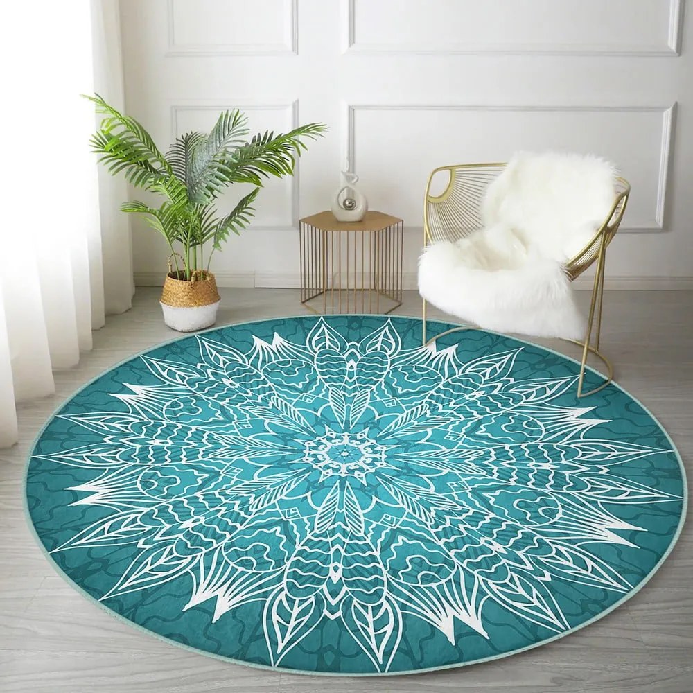 Tyrkysovomodrý prateľný okrúhly koberec vhodný pre robotické vysávače ø 100 cm Comfort – Mila Home