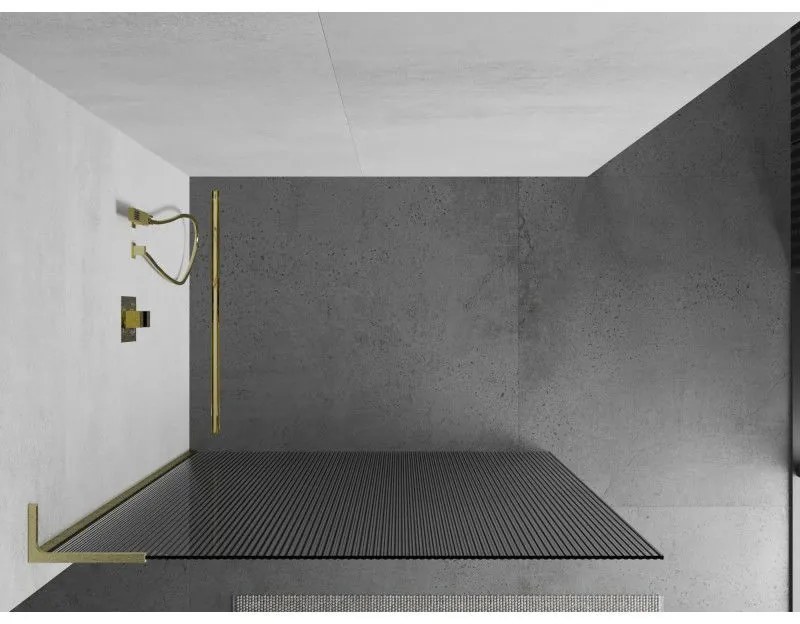 Mexen Kioto L, sprchová zástena Walk-In 90 x 200 cm, 8mm sklo s rebrovým vzorom, zlatý matný profil, 800-090-103-55-09