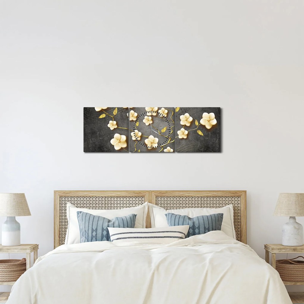 Obraz - Zlatý ker v čiernom pozadí (s hodinami) (90x30 cm)