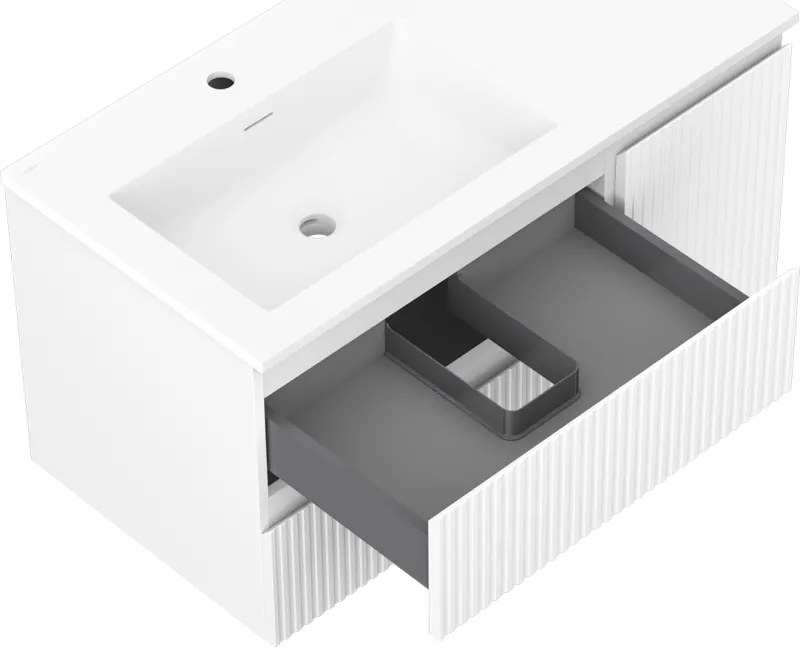 Mexen Rivel, kúpeľňová skrinka 90 cm s ľavým umývadlom Otis, 2S, 1D, drážkovaná, biela matná, 91A23-09047-3-BBFFF01-W18L01
