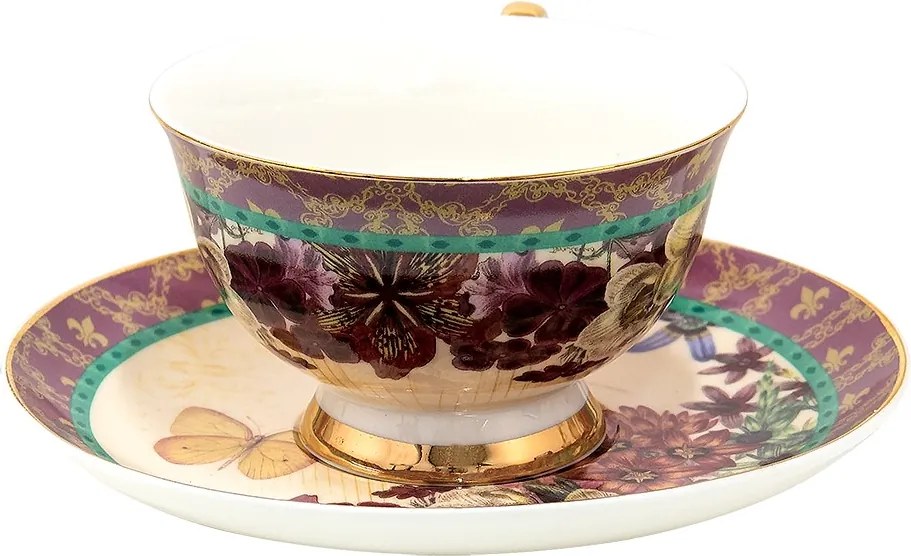 Porcelánová šálka s tanierikom s kvetmi a motýlikami - 12*10*6 cm / Ø 15*2 cm / 200 ml / Ř 15*2 cm / 200 ml