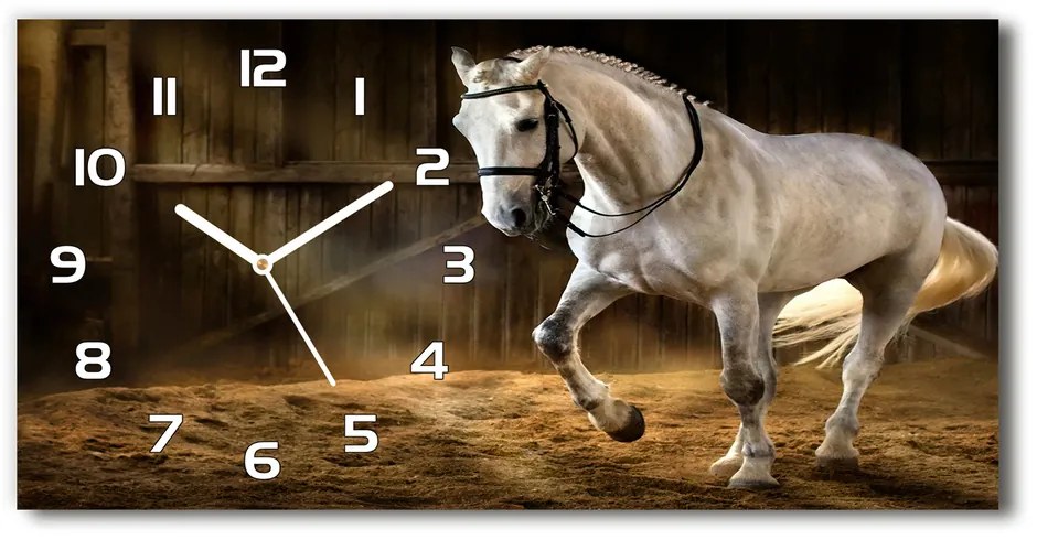 Sklenené hodiny na stenu Biely kôň v stajni pl_zsp_60x30_f_113734003