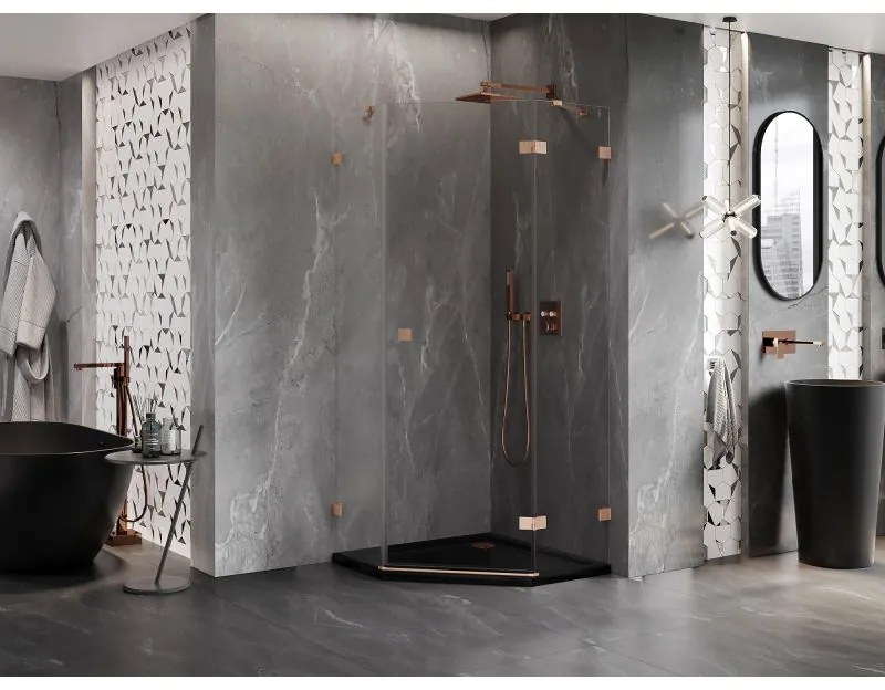Mexen Lunar, päťuholníkový sprchový kút s pravým sklonom 90 x 90 cm, 8mm číre sklo, profil medená matná, 831-090P-090L-65-00-P