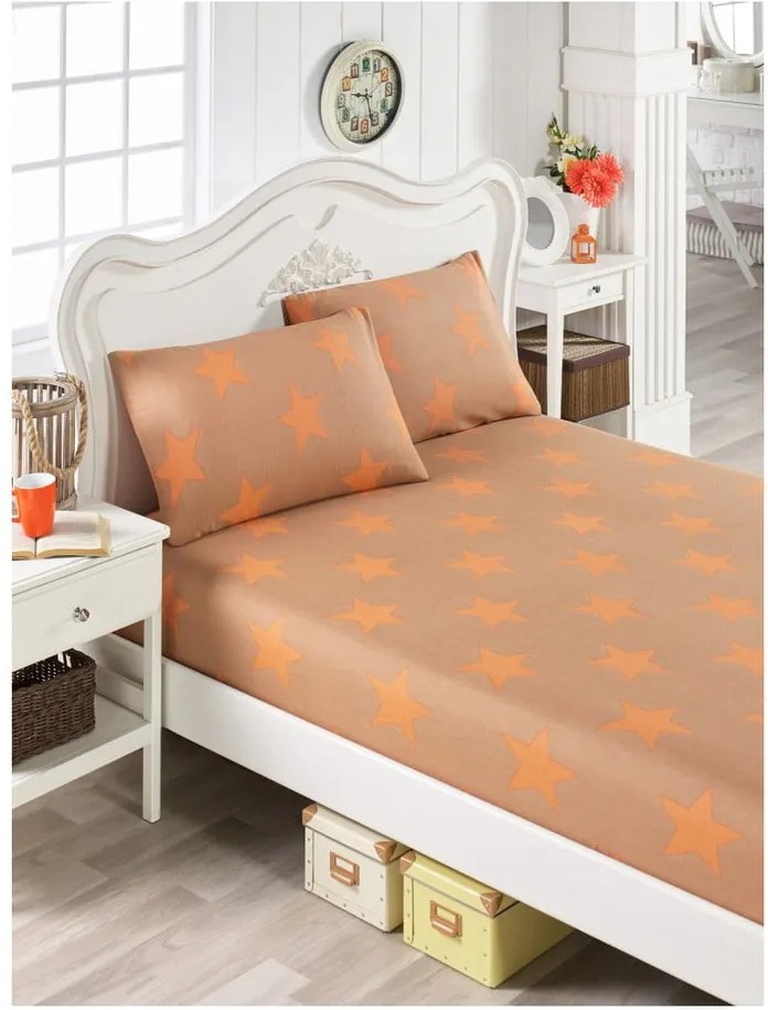 Set oranžovej bavlnenej plachty a 2 obliečok na vankúše na jednolôžko Stars Lusno, 100 × 200 cm