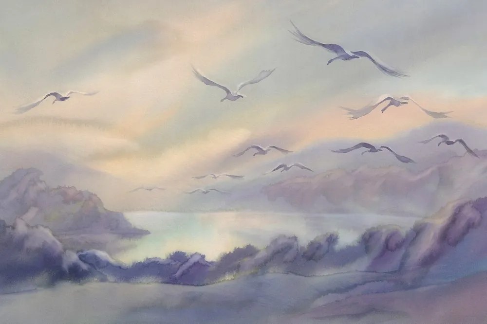 Samolepiaca tapeta odlietajúce vtáky nad jazerom