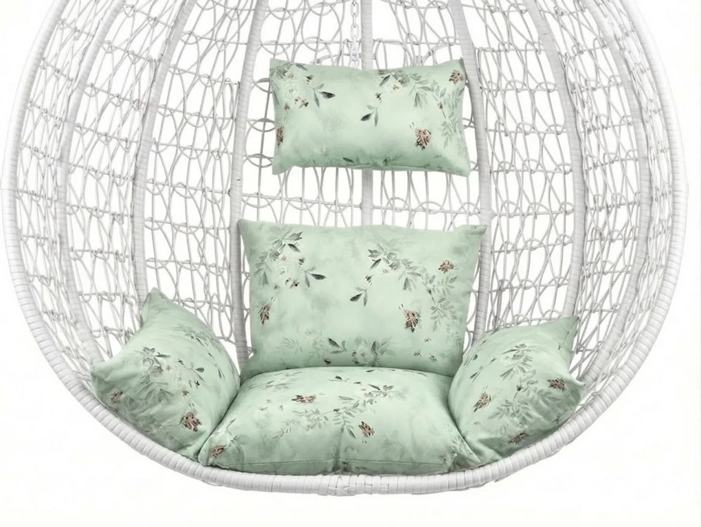 Biele závesné kreslo KOKON so stojanom, svetlozelený vankúš so vzorom
