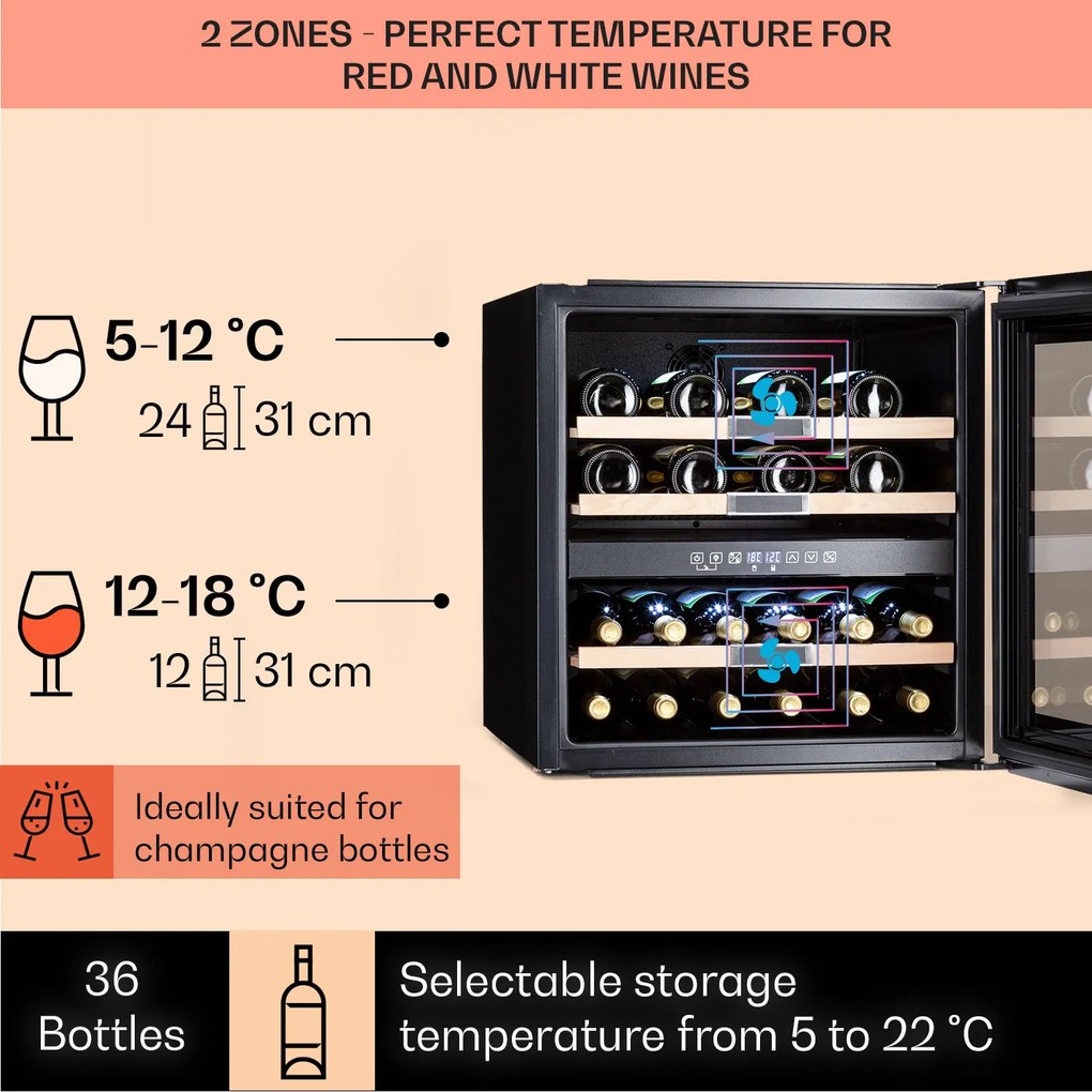 Klarstein Vinsider 36 Onyx Edition, vinotéka, 85 l, 5-22°C, 2 zóny