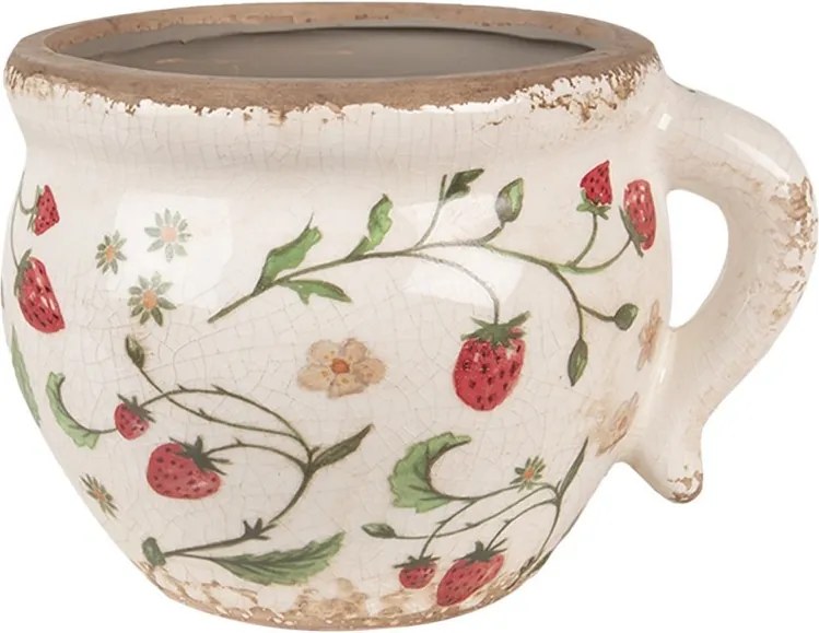 Béžový keramický obal na kvetináč s jahôdkami Wild Strawberries - 17*14*12 cm