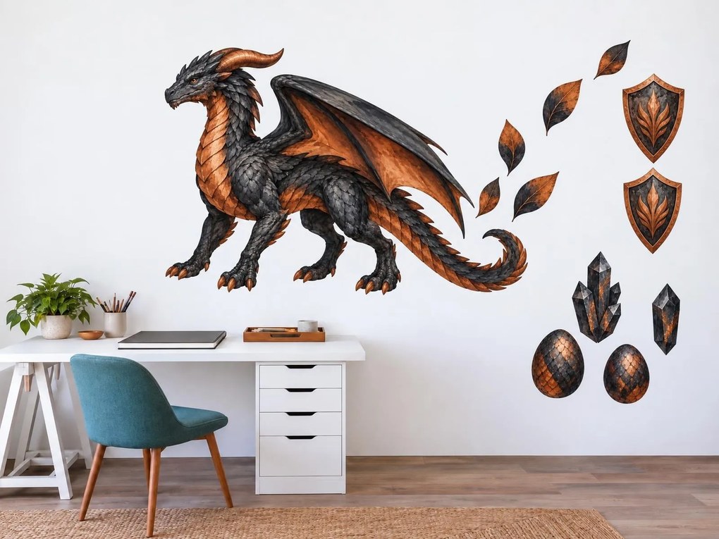Obsidiánový drak dračie akvarelové nálepky na stenu do izby pre dospievajúcich hárok 46 x 30 cm