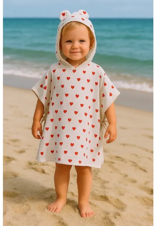 Detské mušelínové pončo s uškami – biele so srdiečkami, 100% bavlna Veľkosť: M: 3-7 Y