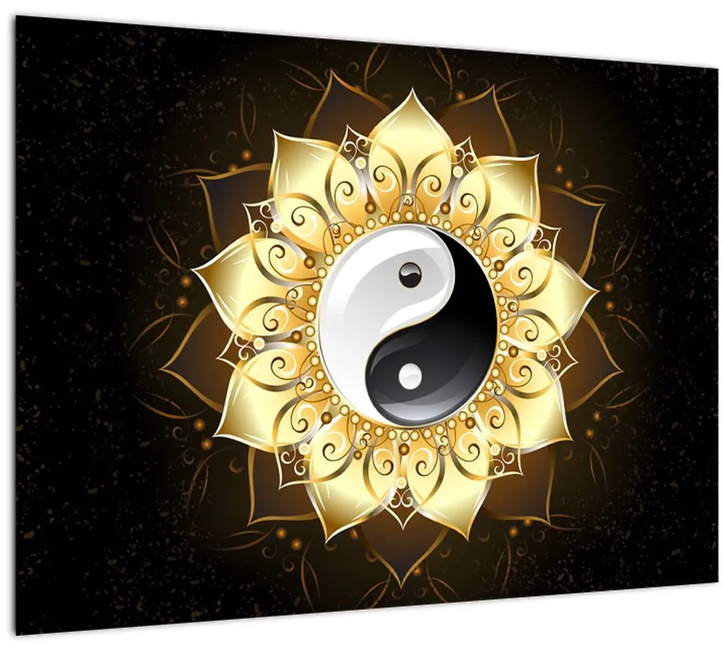 Sklenený obraz - Zlatý Yin-Yang (70x50 cm)