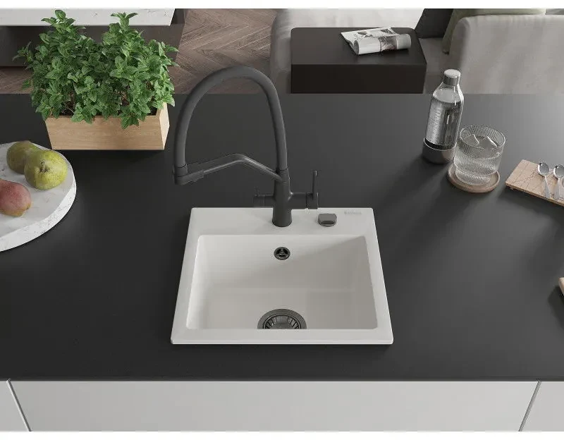 Mexen Milo, granitový drez 435x410x171 mm, 1-komorový a drezová batéria Duo, biela, 6505-20-671701-70-B