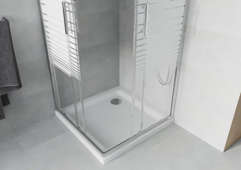 Mexen Rio štvorcový sprchový kút 90 x 90 cm, biele pásy, chróm + vanička Flat, biela - 860-090-090-01-20-4010