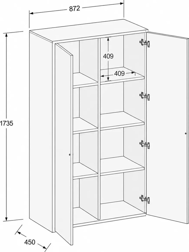 Kancelárska skriňa FRAME, 2x dvere, 872 x 450 x 1735 mm, PUSH-lock, orech