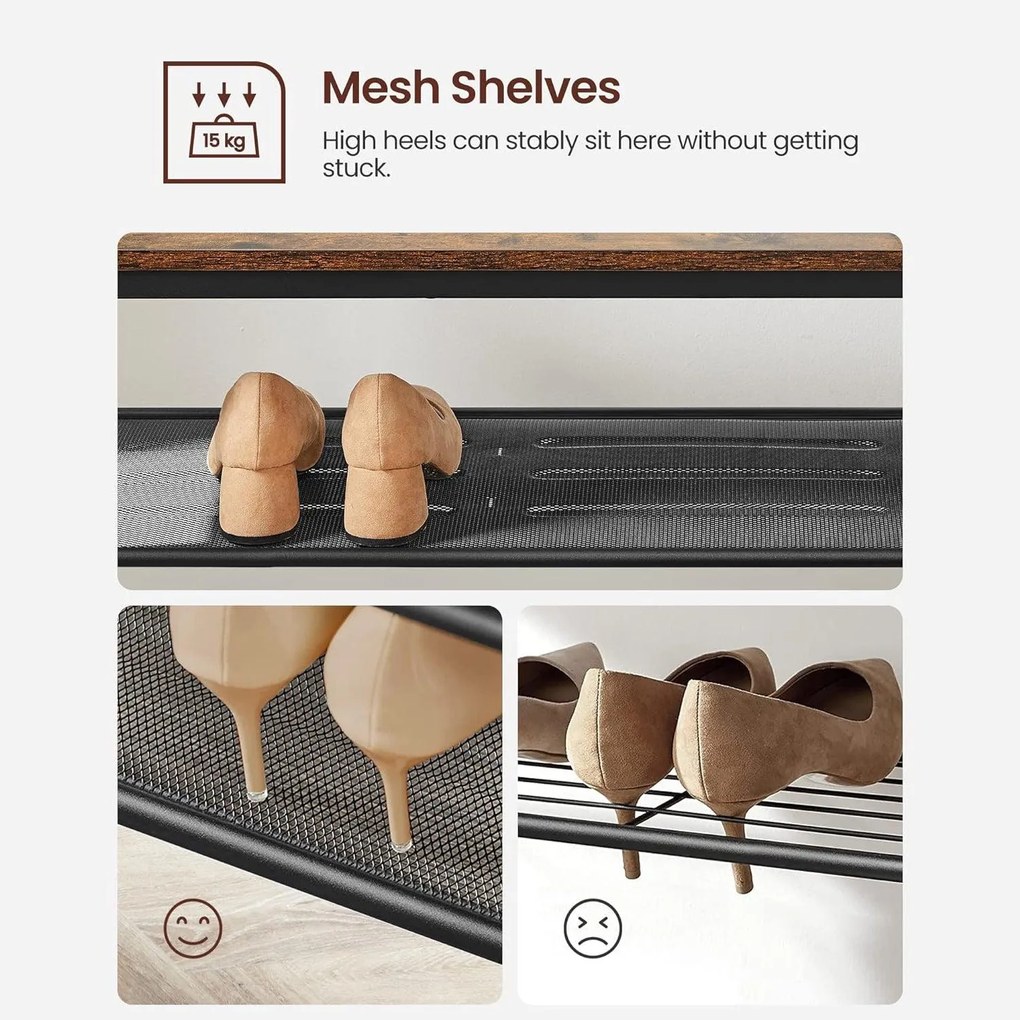 Stojan na kabáty so zrkadlom, háčikmi, lavicou a policami na topánky, rustikálny hnedý