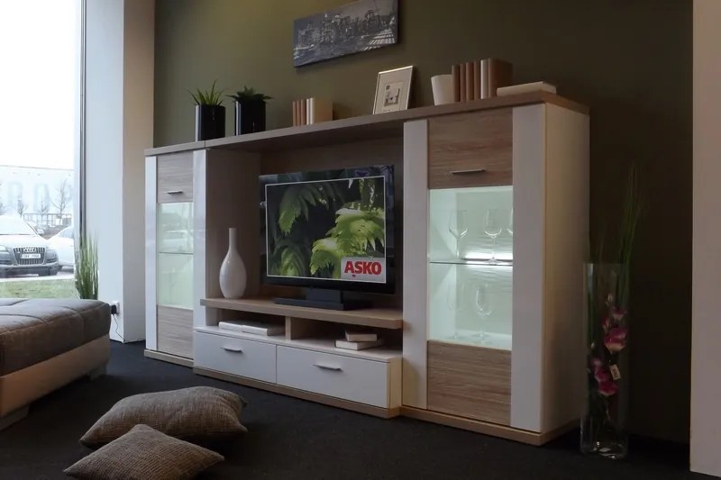 Obývacia stena Caracas Media, dub/biely lesk, s osvetlením