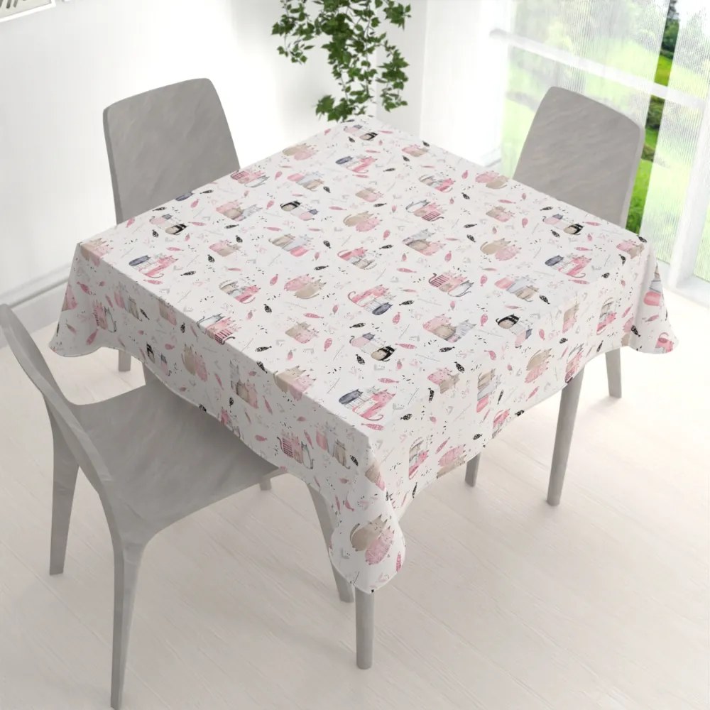 Biante Detský bavlnený štvorcový obrus Sandra SA-654 Mačací svet ružovo-hnedý na bielom 90x90 cm