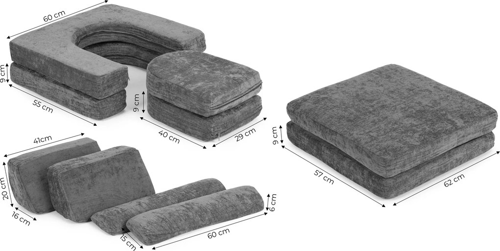 Modulárna rozkladacia pohovka pre deti veľká 2-miestna DIY 10 mäkkých vankúšov šenilová látka - sivá ECOTOYS