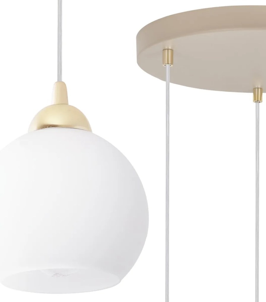 Závesné svietidlo Eliza, 3x biele sklenené tienidlo, g/be, o