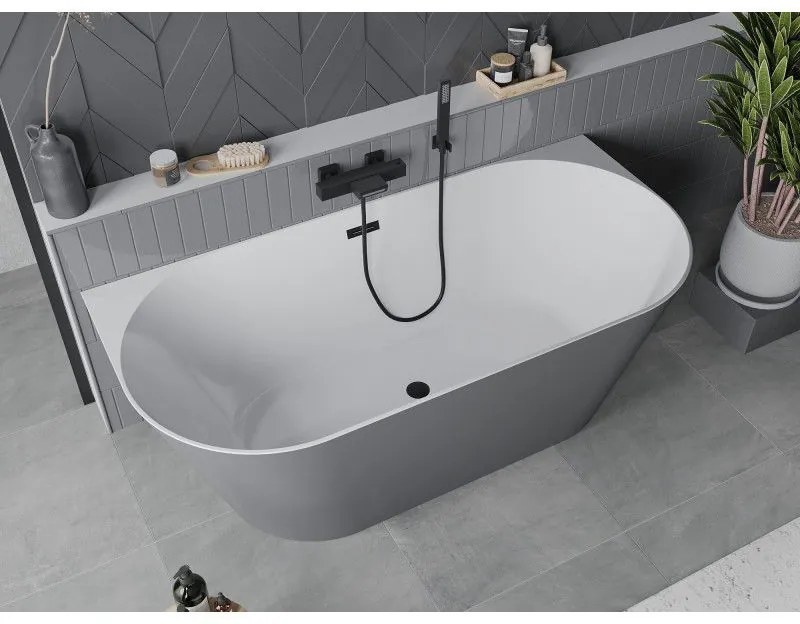 Mexen Oval Slim, voľne stojaca vaňa ku stene, 170 x 80 cm, biela-šedá, čierny matný prepad, 52661708062-70