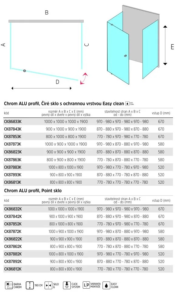 Mereo Mereo, Sprchový kút LIMA, obdĺž.,polopivot. dvere, 2xbočná stena, chróm ALU, sklo Point 6mm, MER-CK87852K
