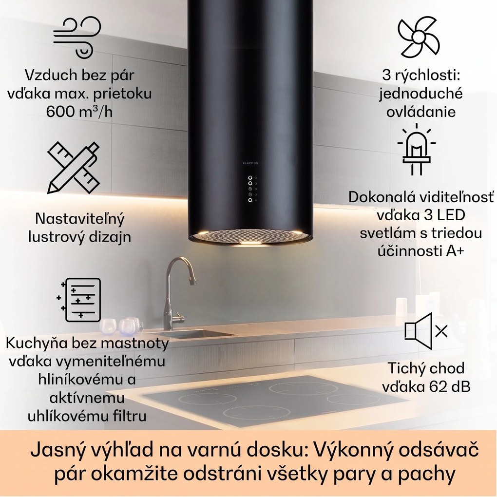 Klarstein Bolea, digestor, 38 cm, ostrovčekový, 651 m³/h, LED, filtre s aktívnym uhlím, nehrdzavejúca oceľ