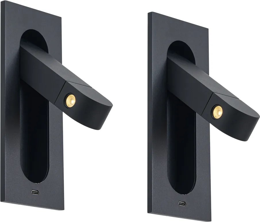Sada 2 moderných nástenných svietidiel čierna vrátane LED a portu USB-C - Hilton