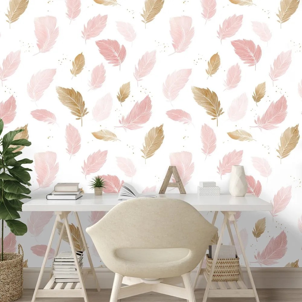 Tapeta ružovo-zlaté jemné pierka