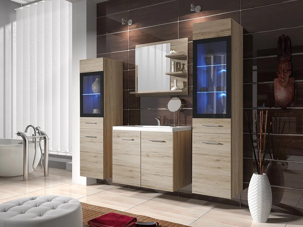 Kúpeľňový nábytok Apogon I, Farby: san remo / san remo, Sifón: so sifónom, Osvetlenie: osvetlenie LED RGB - farebné, Umývadlová batéria: Maro Blo 020M