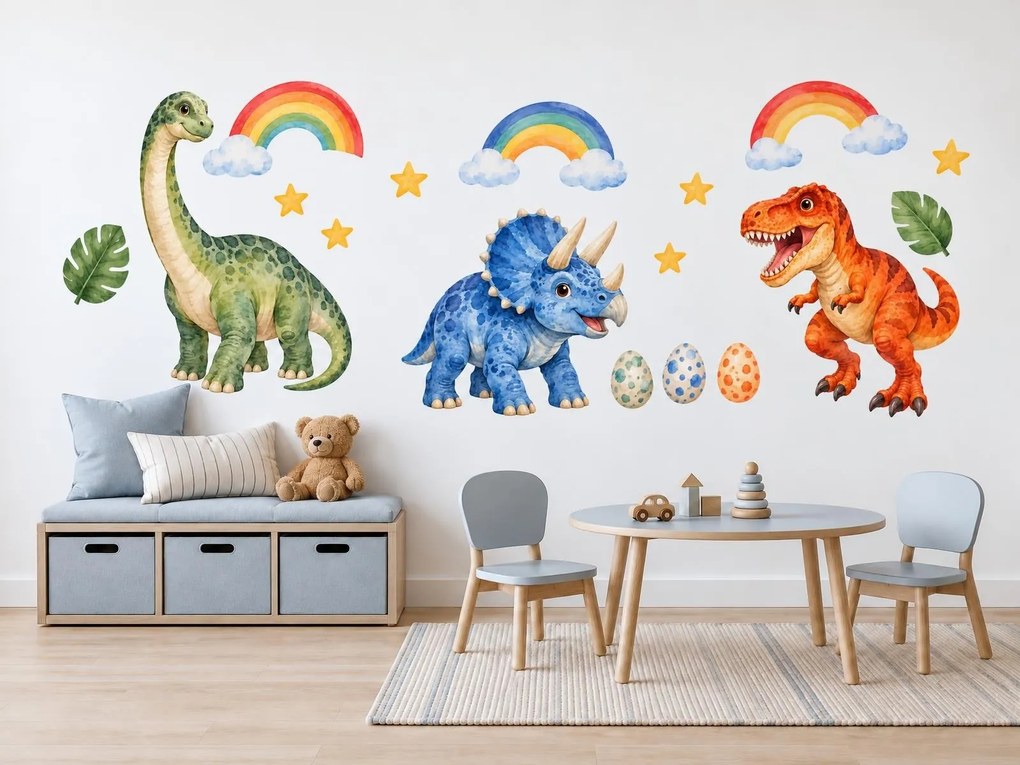 Dinosaury pod dúhou farebné detské nálepky s dúhou na stenu arch 46 x 22 cm