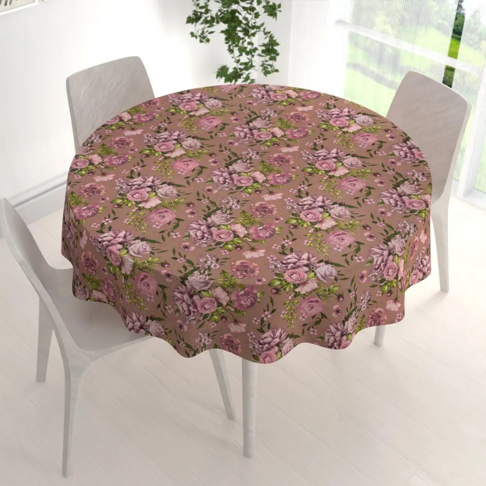 Biante Bavlnený okrúhly obrus Sandra SA-554 Ruže a hortenzie na hnedom Ø 80 cm