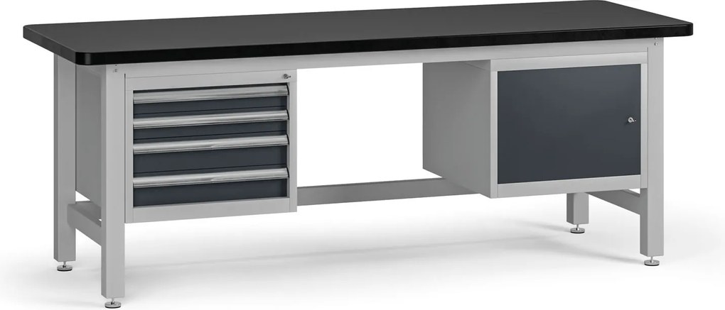 Pracovný stôl do dielne G4 so závesným boxom a skrinkou na náradie, MDF + PVC doska, 4 zásuvky, 1 skrinka, 2100 x 750 x 800 mm, grafit