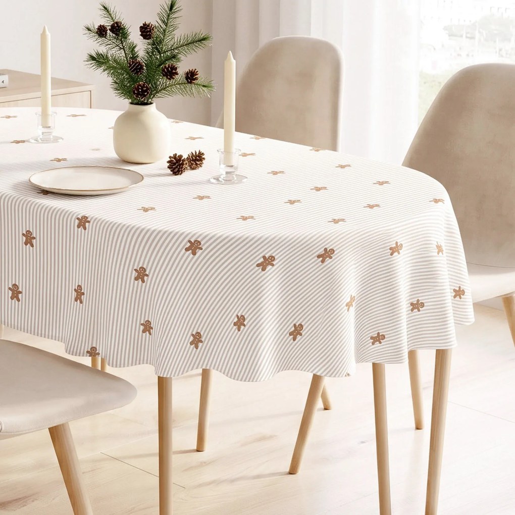 Goldea vianočný oválny obrus 100% bavlnené plátno - perníčky s prúžkami 140 x 220 cm