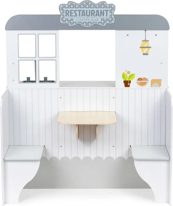 Drevená kuchynka pre deti so stolikom a stoličkami v štýle reštaurácie