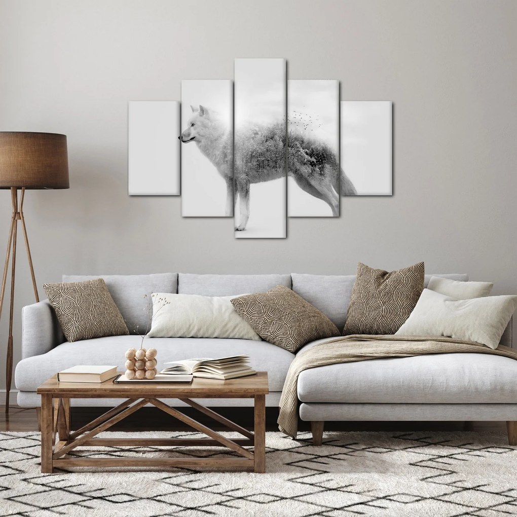 Obraz - Arktický vlk zrkadliaci divokú krajinu, čiernobiely (150x105 cm)