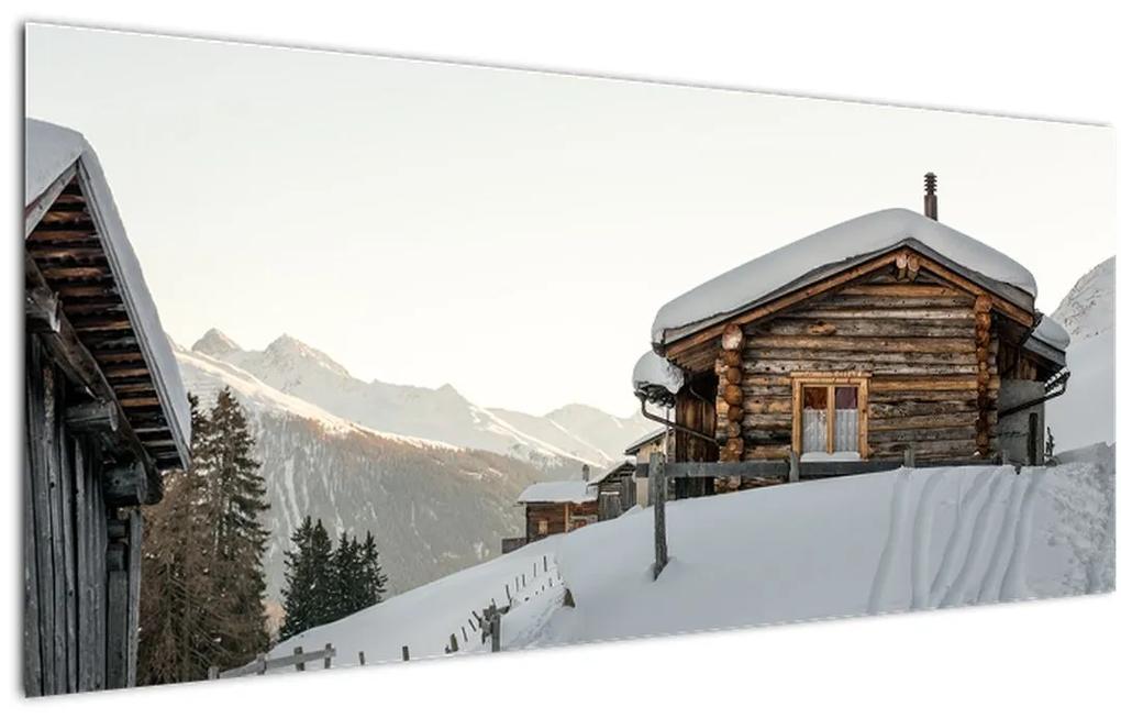 Obraz - horská chata v snehu (120x50 cm)