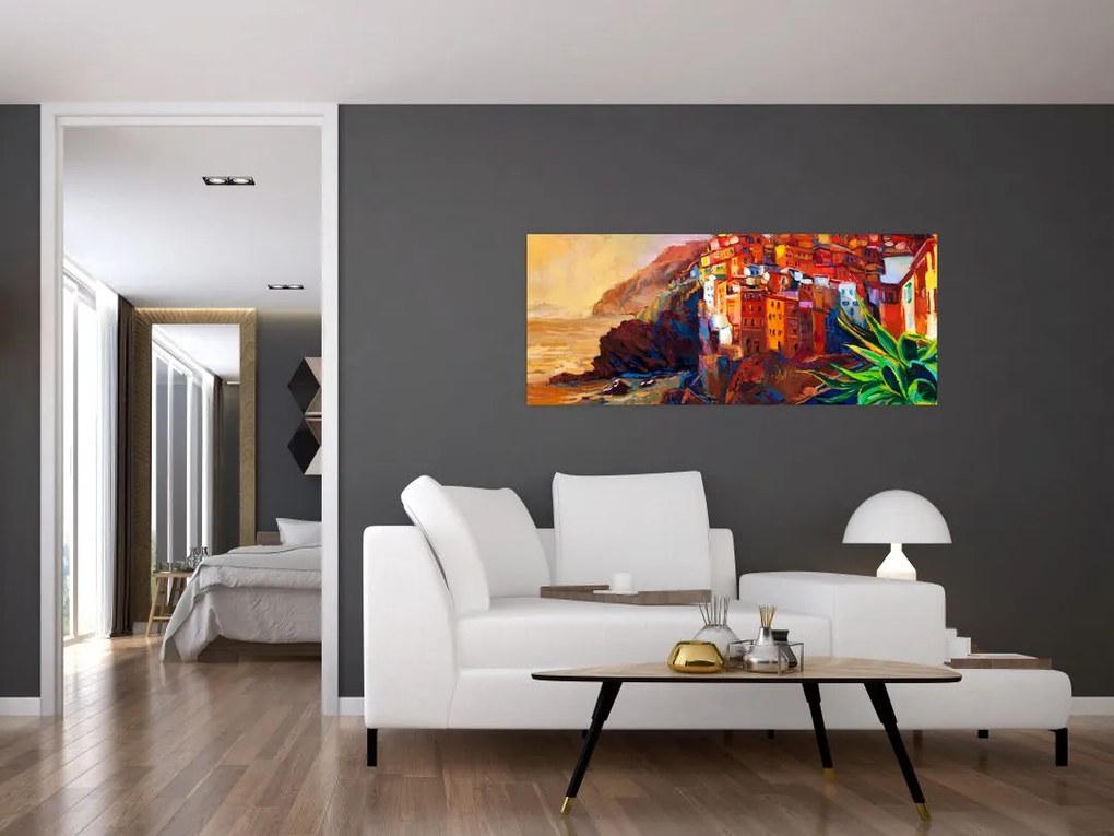 Obraz - Dedina na pobreží Cinque Terre, Talianska riviéra, moderný impresionizmus (120x50 cm)