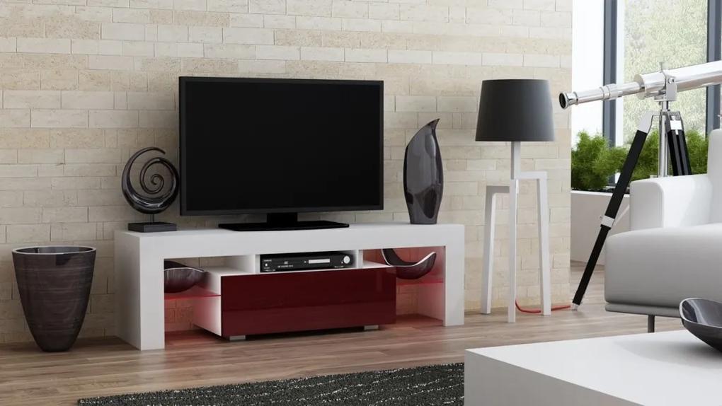 Mazzoni TV stolík MILANO lesklý 130 LED biely, burgund zásuvka
