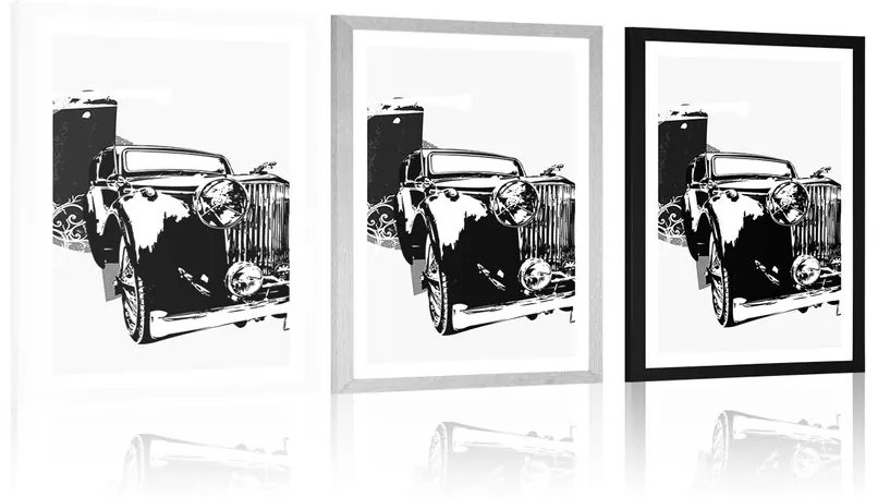 Plagát s paspartou čiernobiele retro auto s abstrakciou