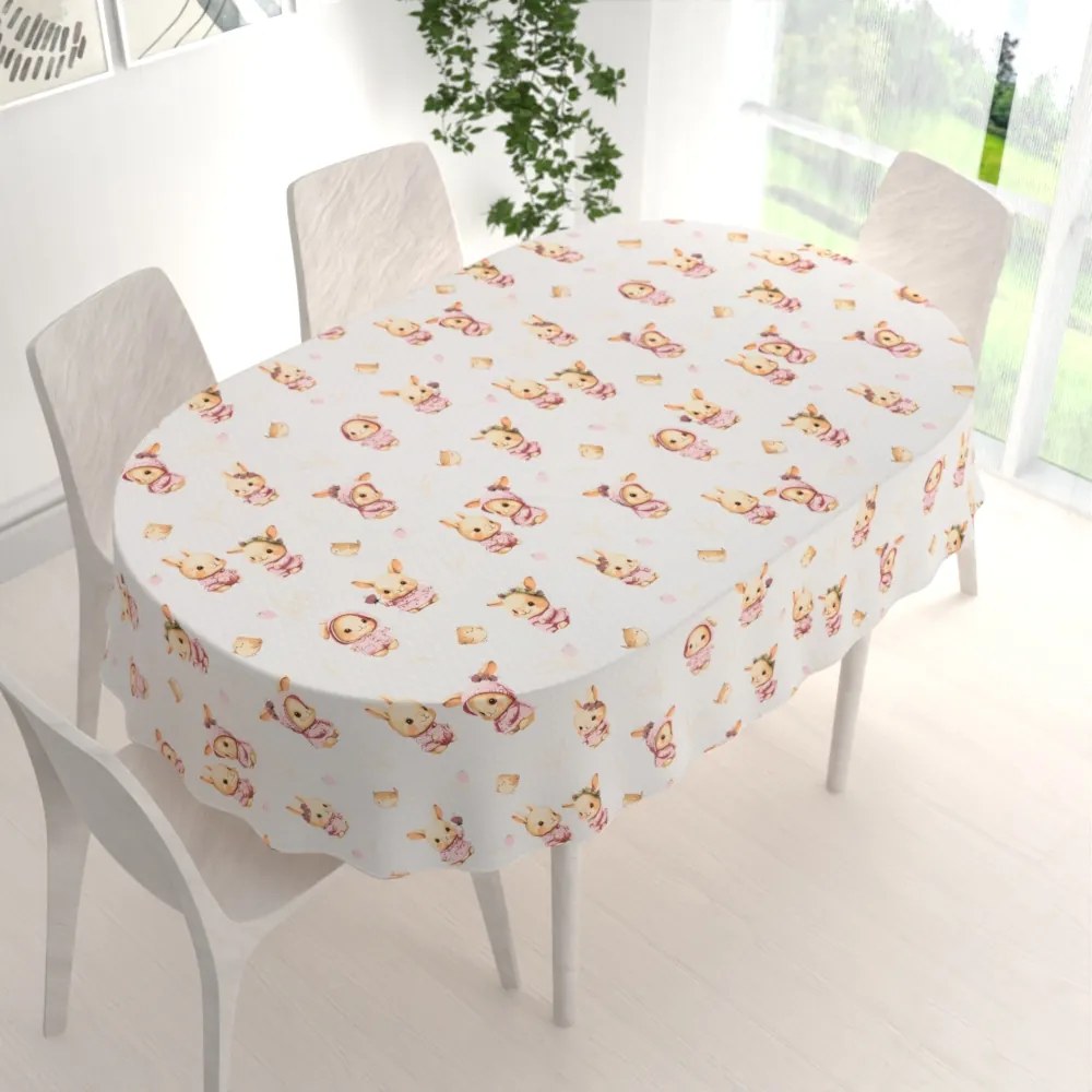 Biante Detský bavlnený oválny obrus Sandra SA-538 Ružové zajačiky a vtáčiky na bielom 140x180 cm