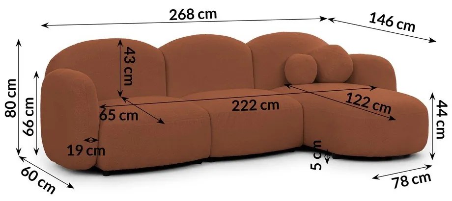 Terakotová rohová pohovka z textílie buklé (pravý roh/s leňoškou) Orbit – Ropez